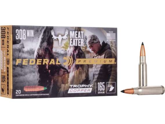 Federal Premium Meat Eater Ammunition 308 Winchester 165 Grain Trophy Copper Tipped Boat Tail Lead-Free Box of 20