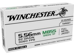 "Winchester USA Ammunition: 5.56x45mm NATO, 62 Grain M855 SS109 Penetrator. Full Metal Jacket for reliable and accurate performance. Explore quality ammunition for your shooting needs."