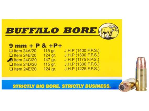 Buffalo Bore Ammunition 9mm Luger +P+ 147 Grain Jacketed Hollow Point Box of 20