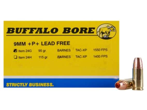 Buffalo Bore Ammunition 9mm Luger +P+ 95 Grain Barnes TAC-XP Hollow Point Lead-Free Box of 20