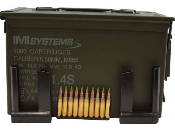 IMI Ammunition 5.56x45mm NATO 62 Grain M855 SS109 Penetrator Full Metal Jacket (FMJ) Boat Tail (BT) Ammo Can of 1000 (100 Sealed 10-Round Clips)