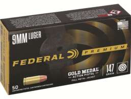 Federal Premium Gold Medal Action Pistol Ammunition 9mm Luger 147 Grain Full Metal Jacket