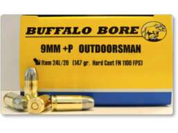 Buffalo Bore Ammunition Outdoorsman 9mm Luger +P 147 Grain Hard Cast Lead Flat Nose Box of 20