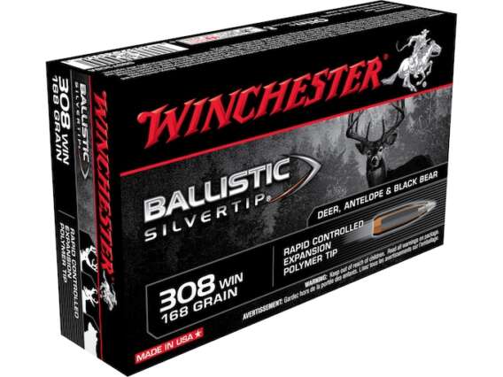 Winchester Ballistic Silvertip Ammunition 308 Winchester 168 Grain Rapid Controlled Expansion Polymer Tip Box of 20