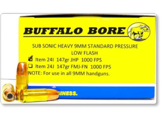 Buffalo Bore Ammunition 9mm Luger Subsonic 147 Grain Jacketed Hollow Point Low Flash Box of 20