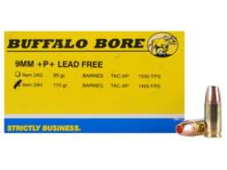 Buffalo Bore Ammunition 9mm Luger +P+ 115 Grain Barnes TAC-XP Hollow Point Lead-Free Box of 20