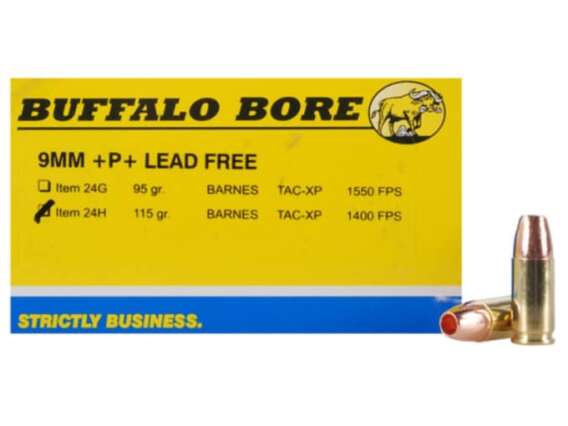 Buffalo Bore Ammunition 9mm Luger +P+ 115 Grain Barnes TAC-XP Hollow Point Lead-Free Box of 20