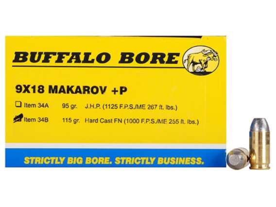 Buffalo Bore Ammunition 9x18mm (9mm Makarov) 115 Grain Hard Cast Lead Flat Nose Box of 20