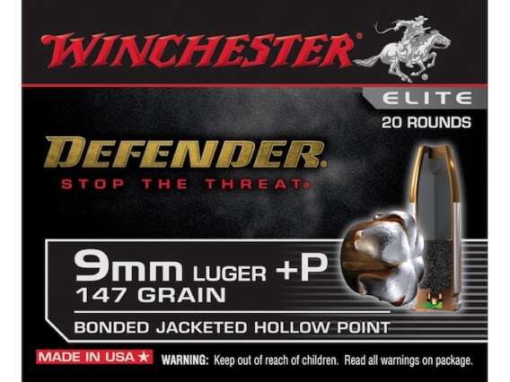 Winchester Defender Ammunition 9mm Luger +P 147 Grain Bonded Jacketed Hollow Point Box of 20